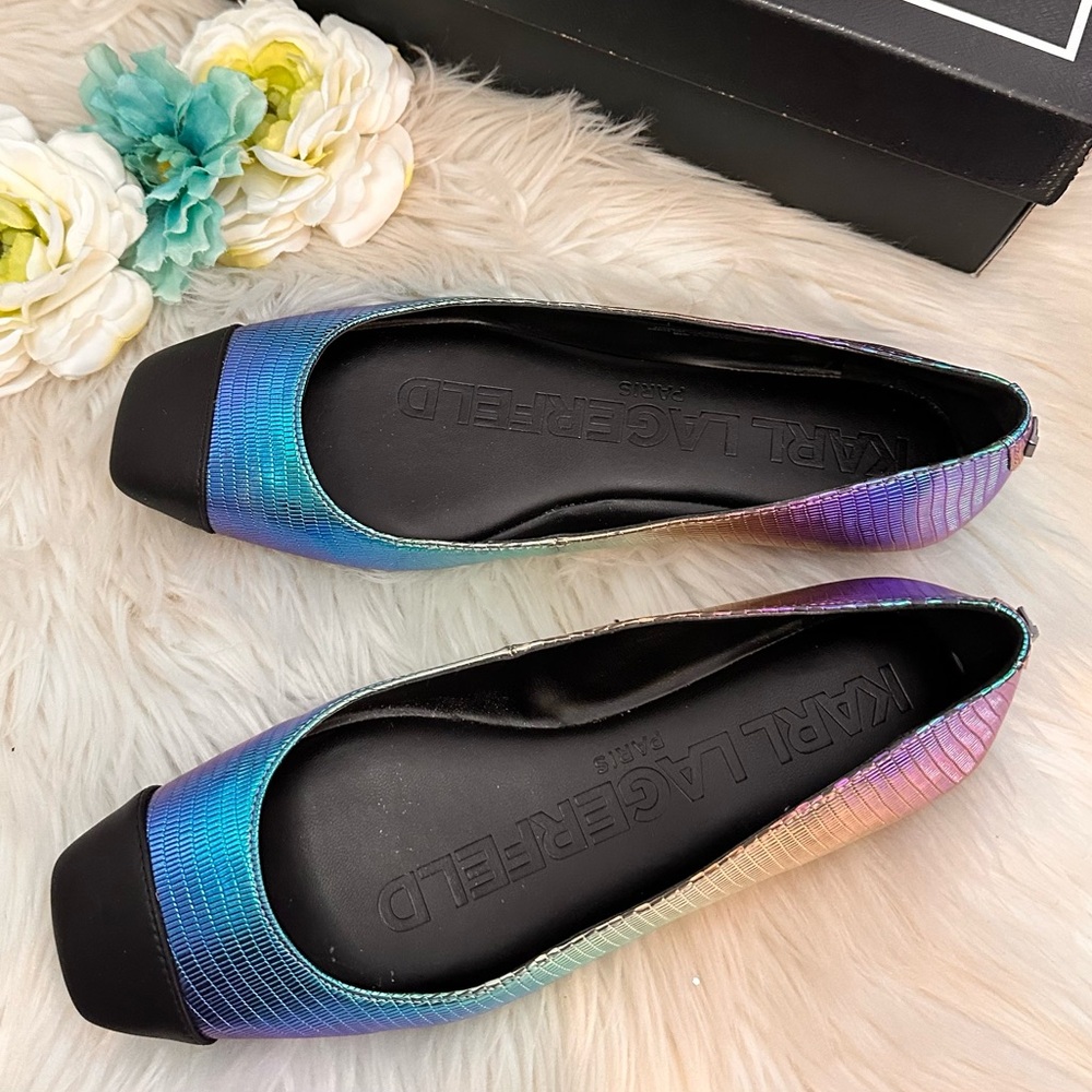 Karl Lagerfeld Paris Zayna MultiI Colored Metallic Black Flats Sz 9M NEW! FIRM! - Picture 6 of 10